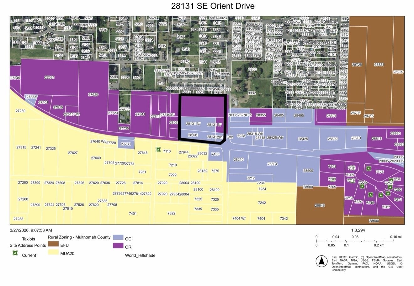 Parcel and zoning map of the five tax lots at 28131 SE Orient Drive